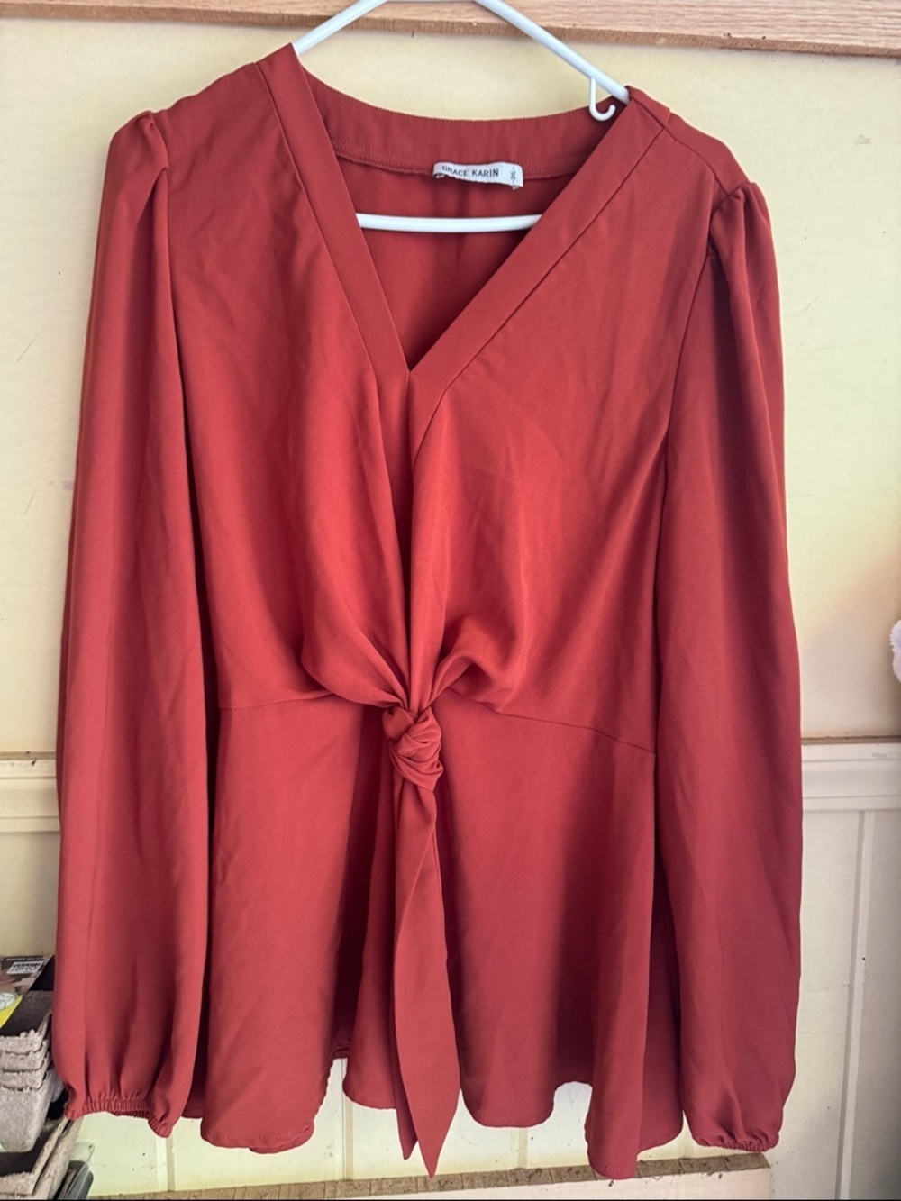 Grace Karin Rust Tie-Front V-Neck Long Sleeve Blouse
